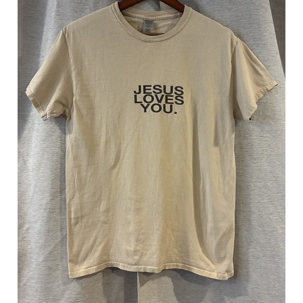 Jesus Loves You Short Sleeve Beige T-Shirt Religious Wear Womens Size Medium